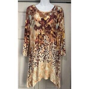 Logo Lori Goldstein Brown Mixed Print Knit Top Rufffled Hem Pockets SZ M